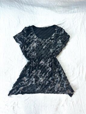 Y2k Black Snack Print Textured Top By Notations — grunge fairy layered ruffle L